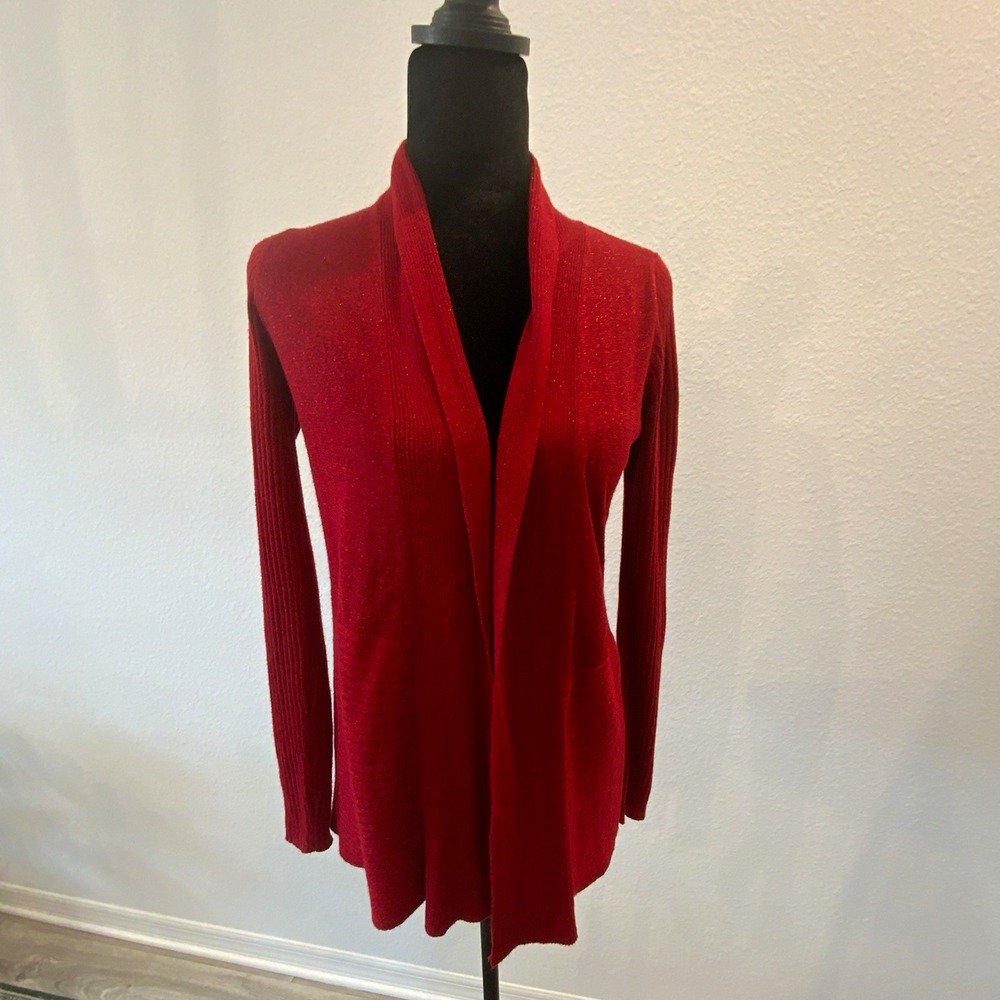 VERVE ami Women S Red Solid Rib-Knit V-Neck Open Front Long Sleeve Cardigan
